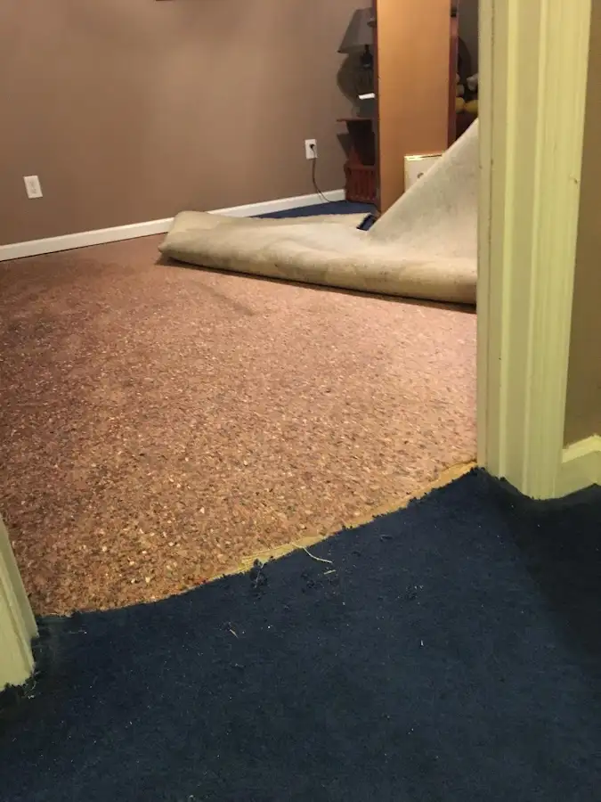 Carpet pad removal revealing water damage during Water Mitigation Services in Pacific